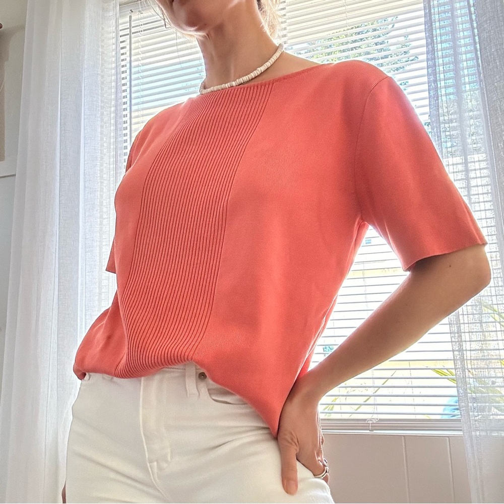 DONCASTER Coral Silk Blend Knit T-Shirt Size M Ribbed Front Chic Tradwife